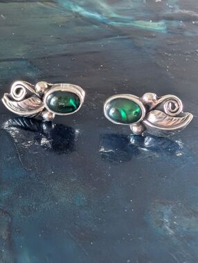 Vintage Native American Paua Shell Solid Sterling Silver Pierced Earrings